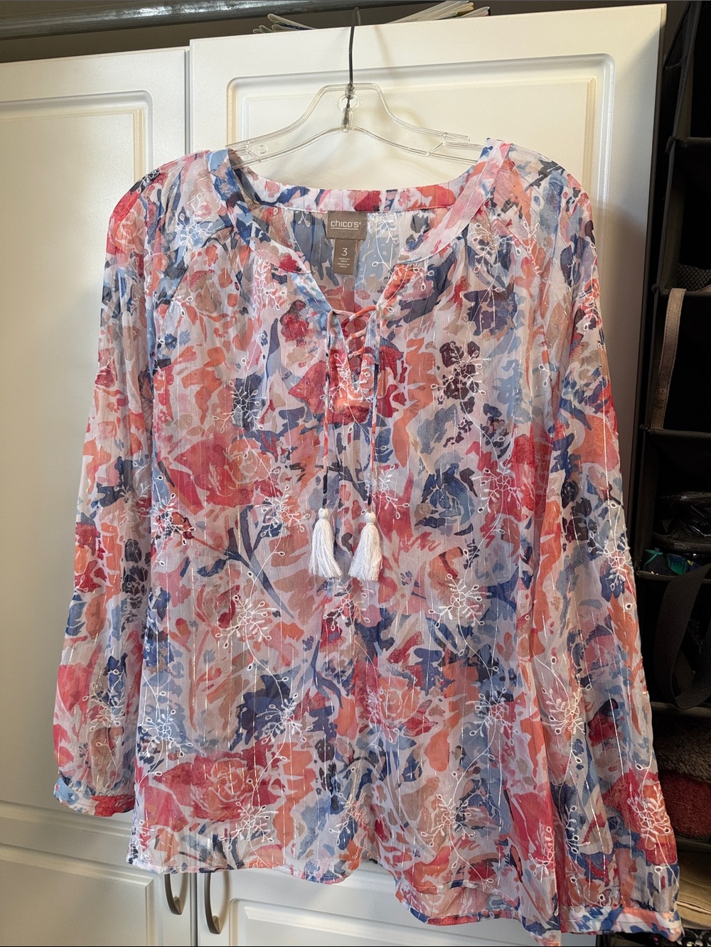 Chico's Coral, Navy and Cream Floral Tie-Front Tunic Blouse, Size 3